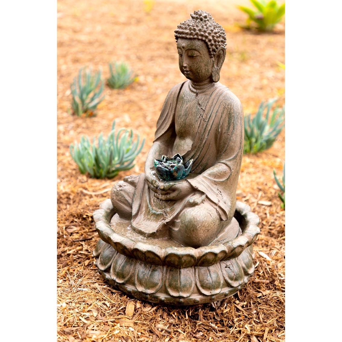 Alpine Buddha with Lotus Flowers Tabletop Fountain with LED Light - Image 3 of 8