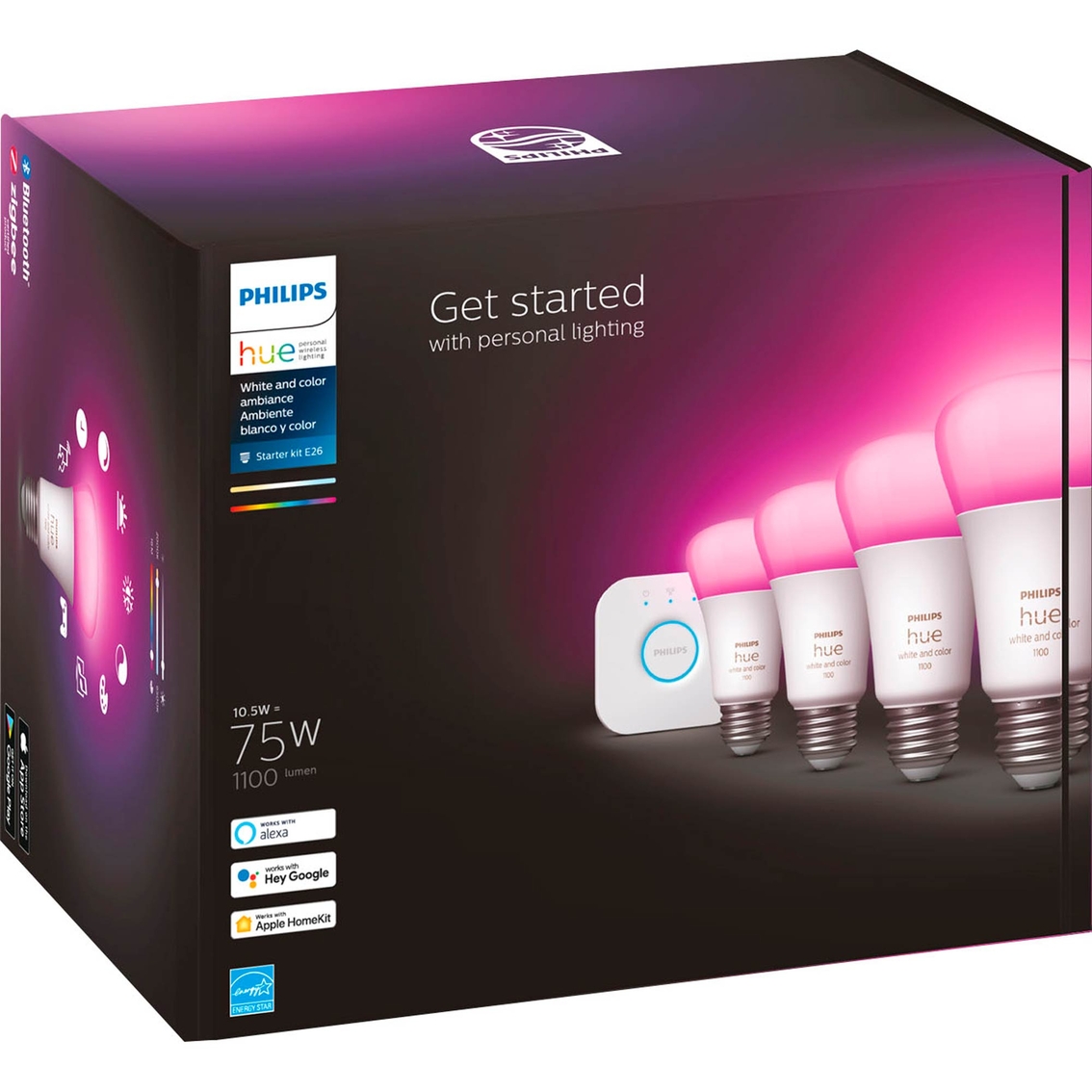 Philips Hue White and Color Ambiance A19 Bluetooth 75W Smart LED Starter Kit - Image 2 of 7