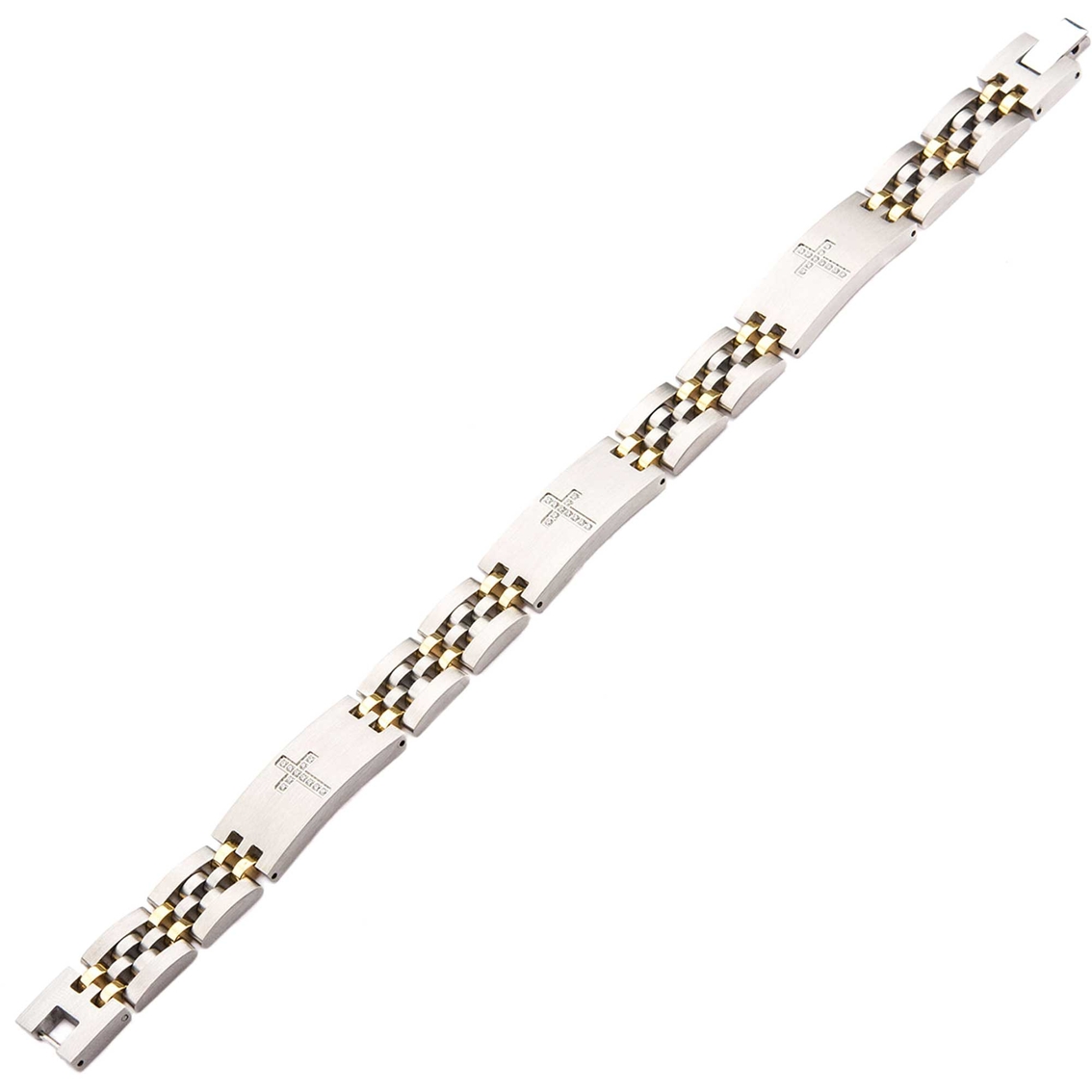 INOX Men's Stainless Steel Two Tone with CZ Set Cross in ID Panther Link Bracelet - Image 2 of 2