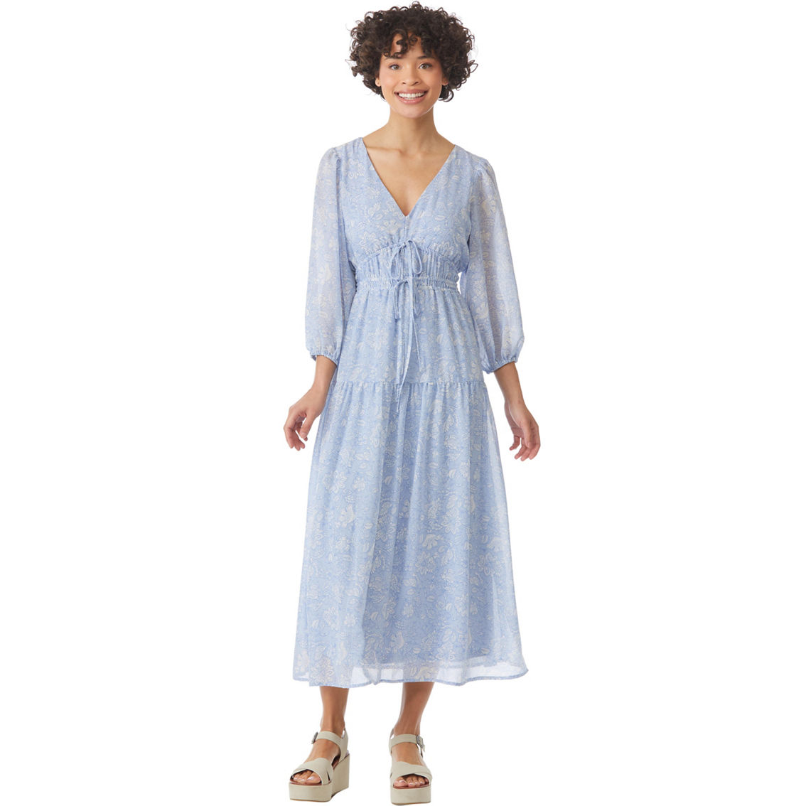 WallFlower Juniors Peasant Midi Dress in Blue with a White Boho Folk Floral - Image 3 of 3
