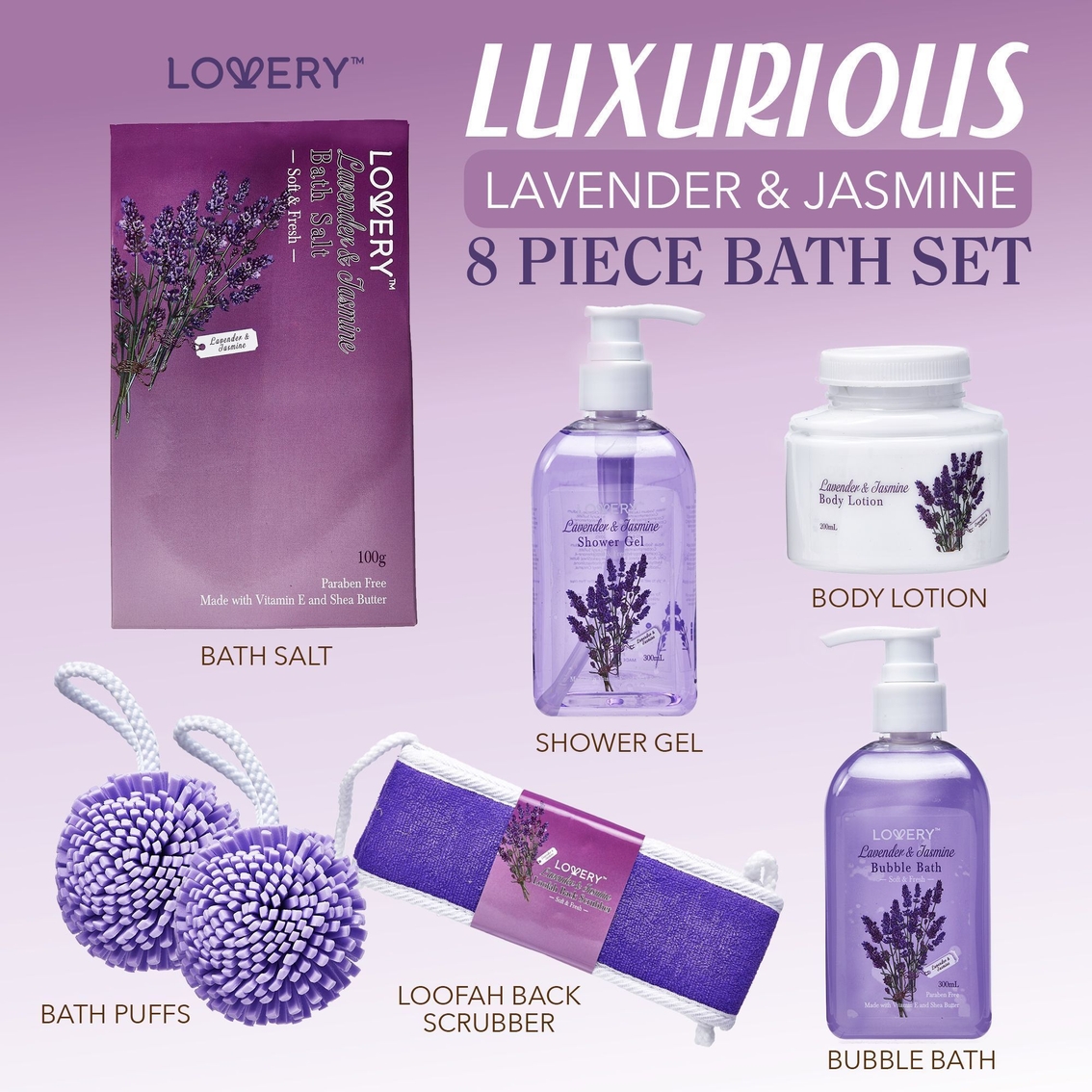 Lovery Home Spa Gift Baskets - Lavender & Jasmine Home Spa - 8pc Set - Image 2 of 5