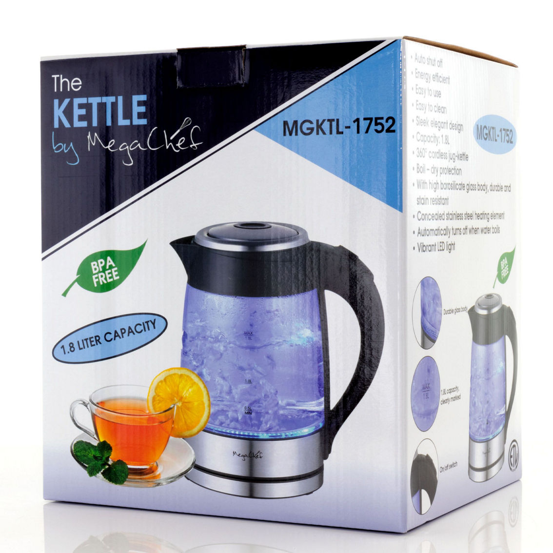 MegaChef 1.8Lt. Glass Body and Stainless Steel Electric Tea Kettle - Image 4 of 5