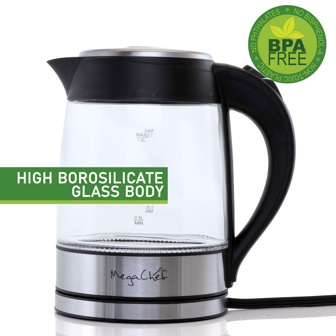 MegaChef 1.8Lt. Glass Body and Stainless Steel Electric Tea Kettle - Image 5 of 5