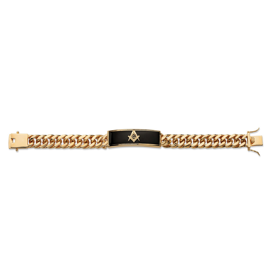 PalmBeach Men's Genuine Onyx Masonic Gold-Plated Insignia Curb-Link Bracelet 8